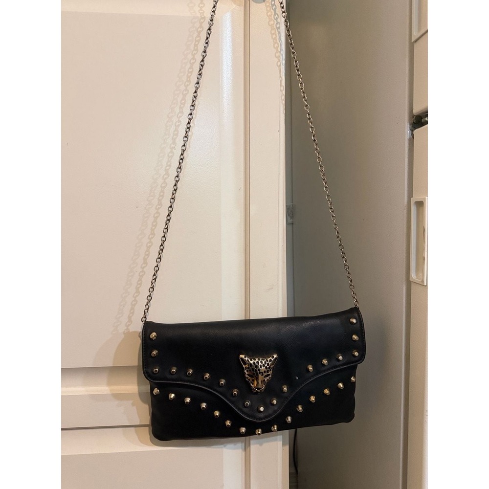 Black Faux Leather Studded Crossbody Bag with Gold Leopard Head